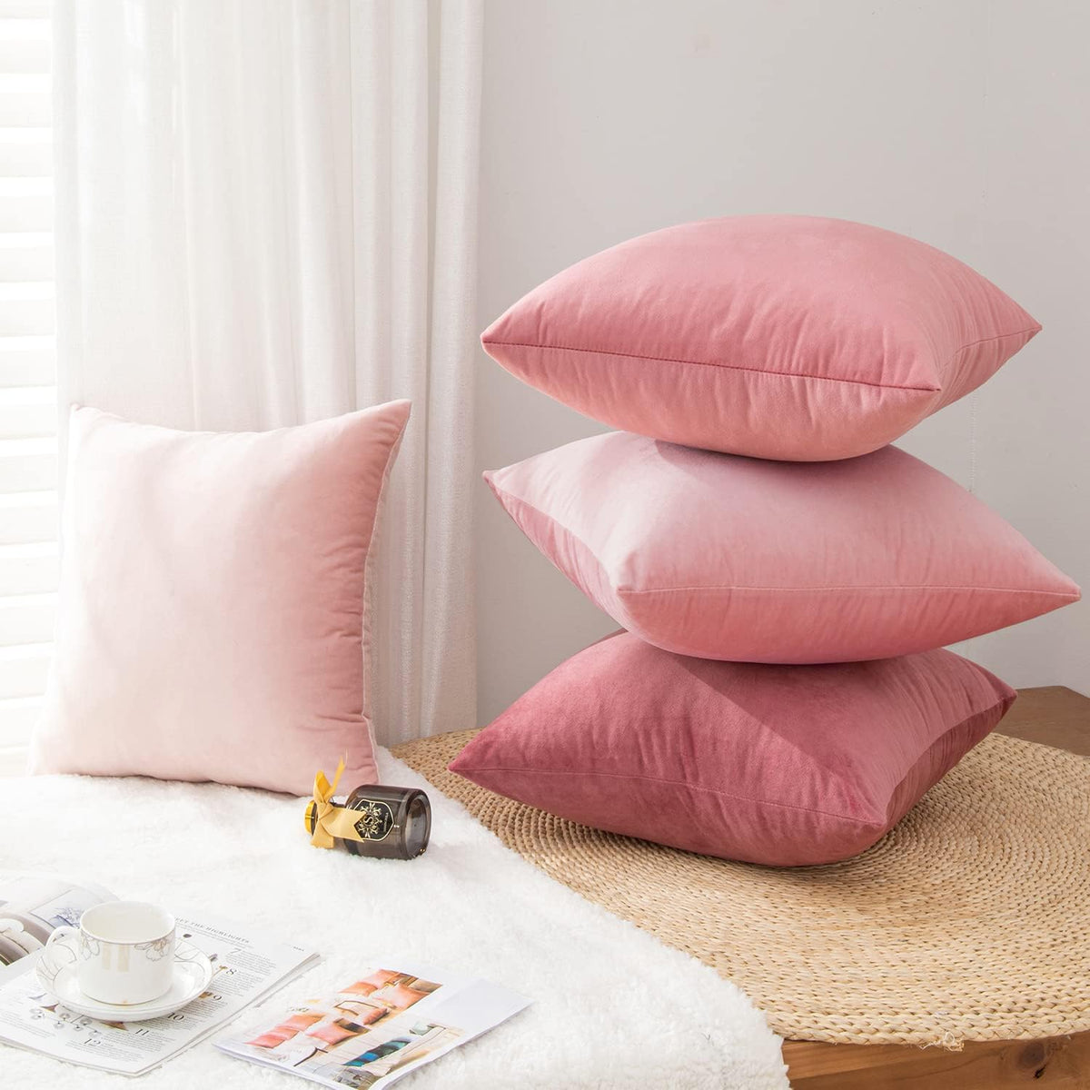 Velvet Decorative Throw Pillow Covers, Soft Square Cushion Case Home Decor for Living Room Couch Bed Sofa, Set of 2 Pack, Pink, 18x18 Inch