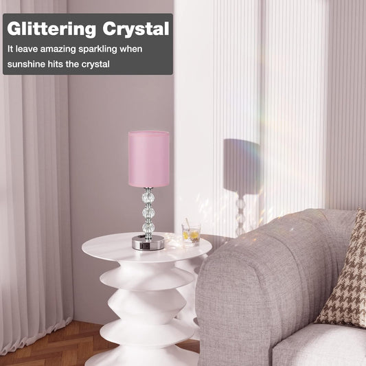 Pink Touch Bedside Lamps for Bedrooms - Crystal Table Lamp with USB C+A Charging Port and AC Outlet Nightstand, 3 Way Dimmable Silver Small End Side Table Lamp for Living/Guest/Dinning Room/Kitchen