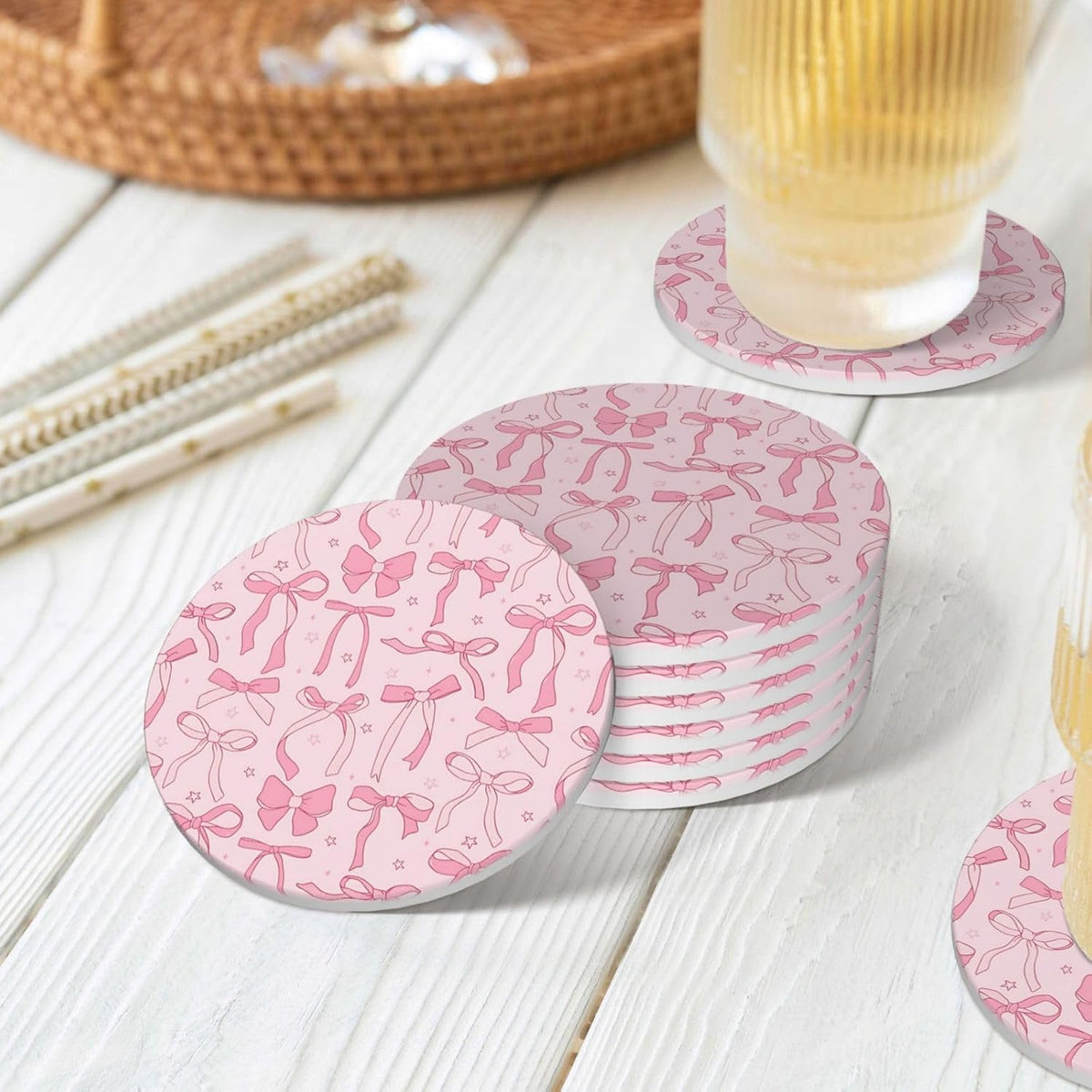 Absorbent Coasters for Drinks Pink Bows 2, Drink Coasters,Cork Base with Holder Set of 6 Ceramic Coasters Set Decorative 4.1"", 123654