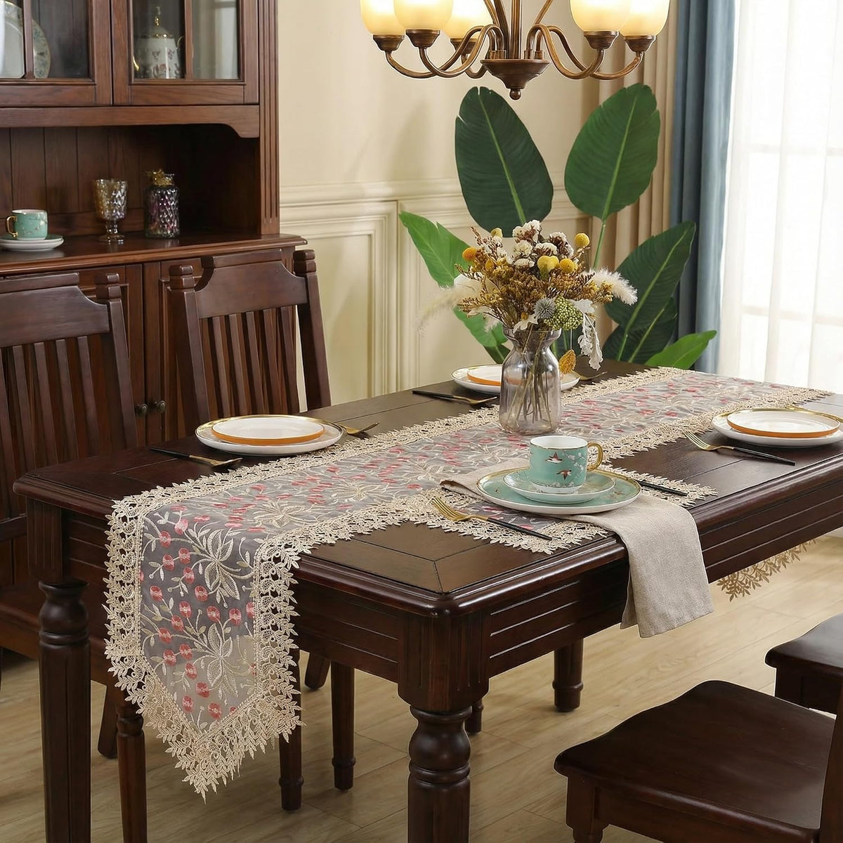 Lace Table Runner Floral Embroidery Fabric Rustic16 x 70 Inch