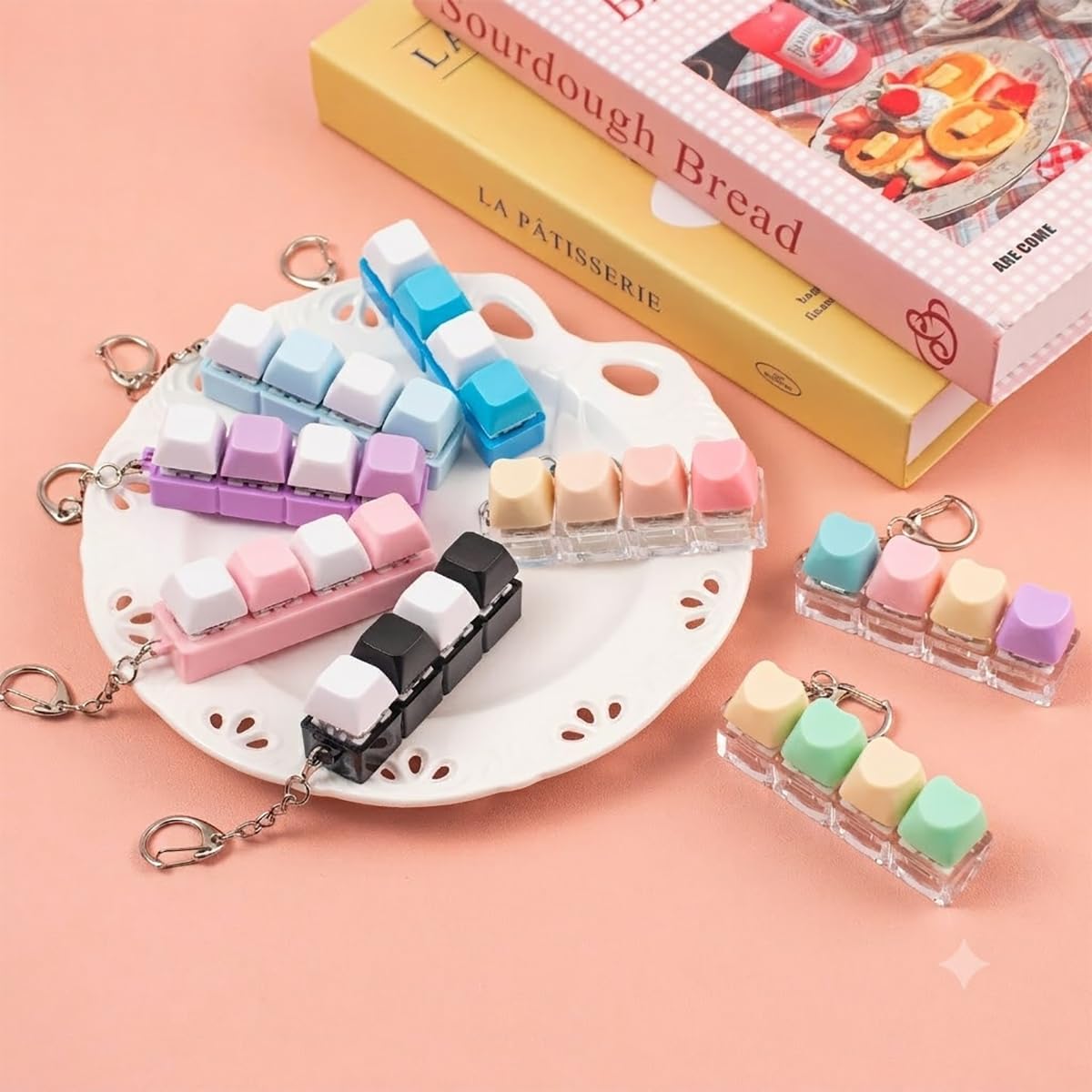 2 Pcs Keyboard Clicker Fidget Toy, 4 Keys Pink Keyboard Keychain for Adult