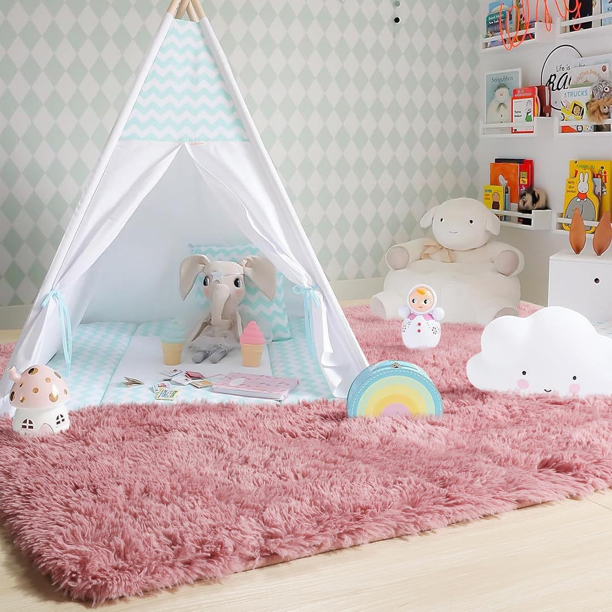 Blush Pink Furry Shag Area Rug 4x6 for Girls Bedroom Baby Nursery