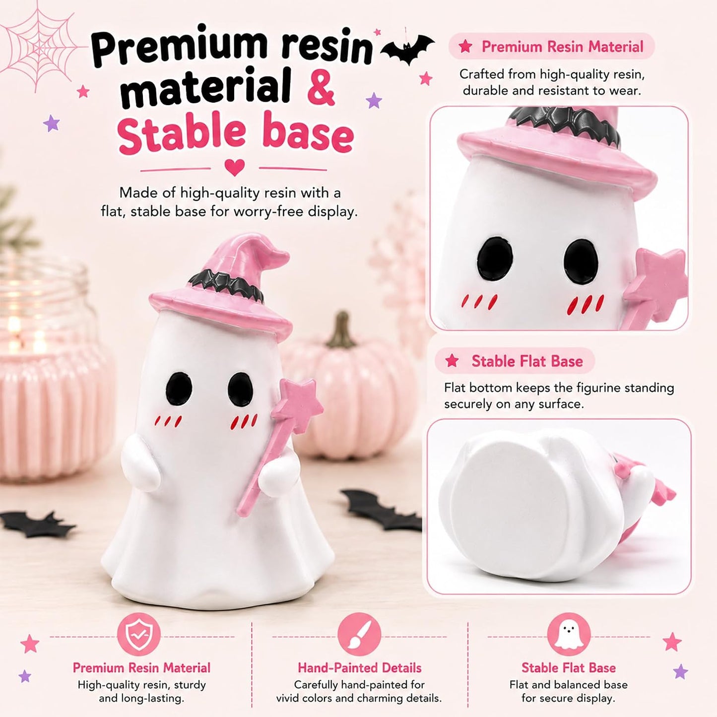3 Pcs Pink Halloween Ghost Figurines Decor - Cute Kawaii Pastel Halloween Decor with Pumpkin, Small Resin Desk Statue Decorations for Tiered Tray, Gifts for Women