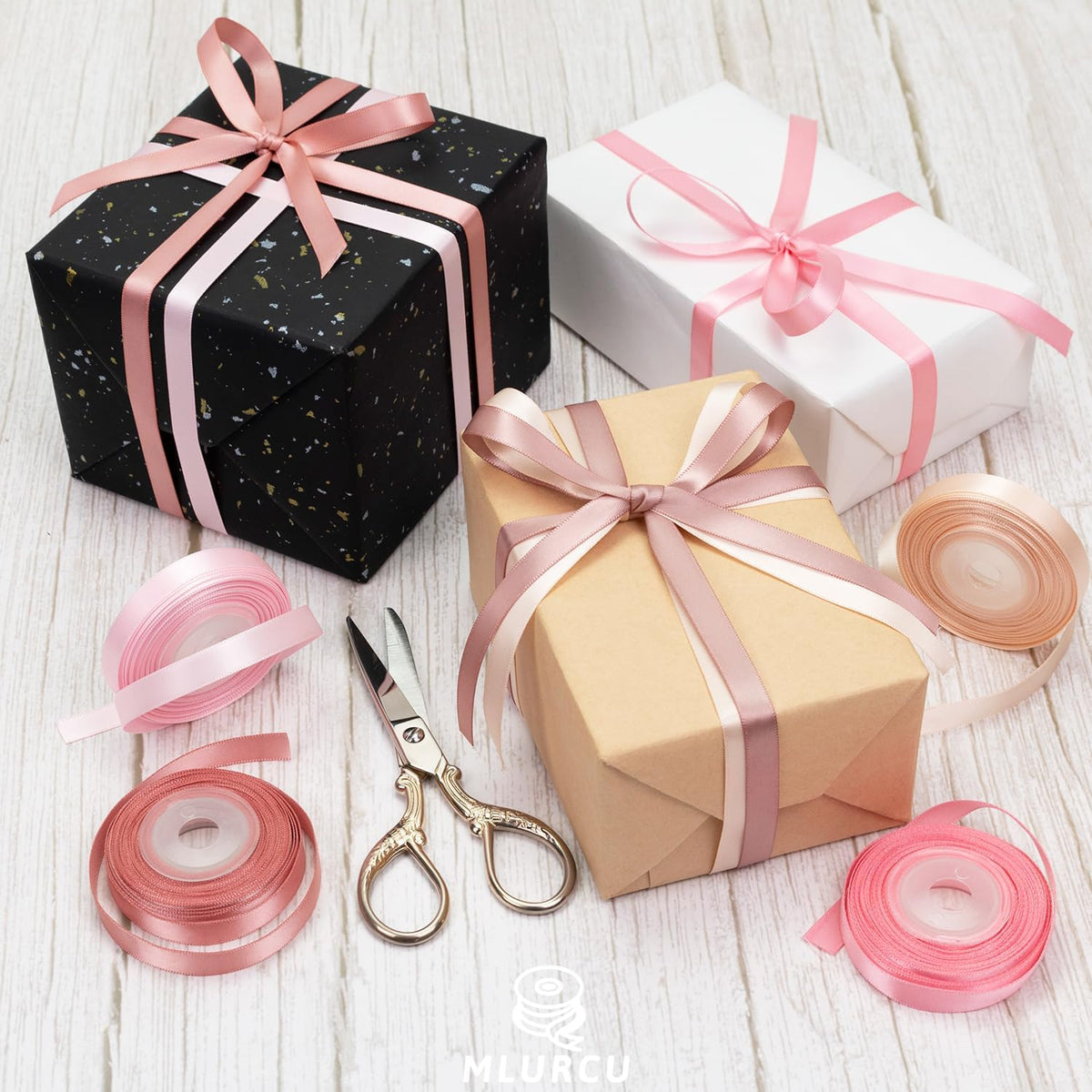 Pink Ribbon 3/8 Inch x 60Yds Assorted Thin Double Faced Satin, Dusty Rose, Rose Gold, Peach, Vanilla, Pink Ribbon for Flower Bouquet Gift Wrapping Wedding Invitation Bridal Shower Hair Bows Crafts