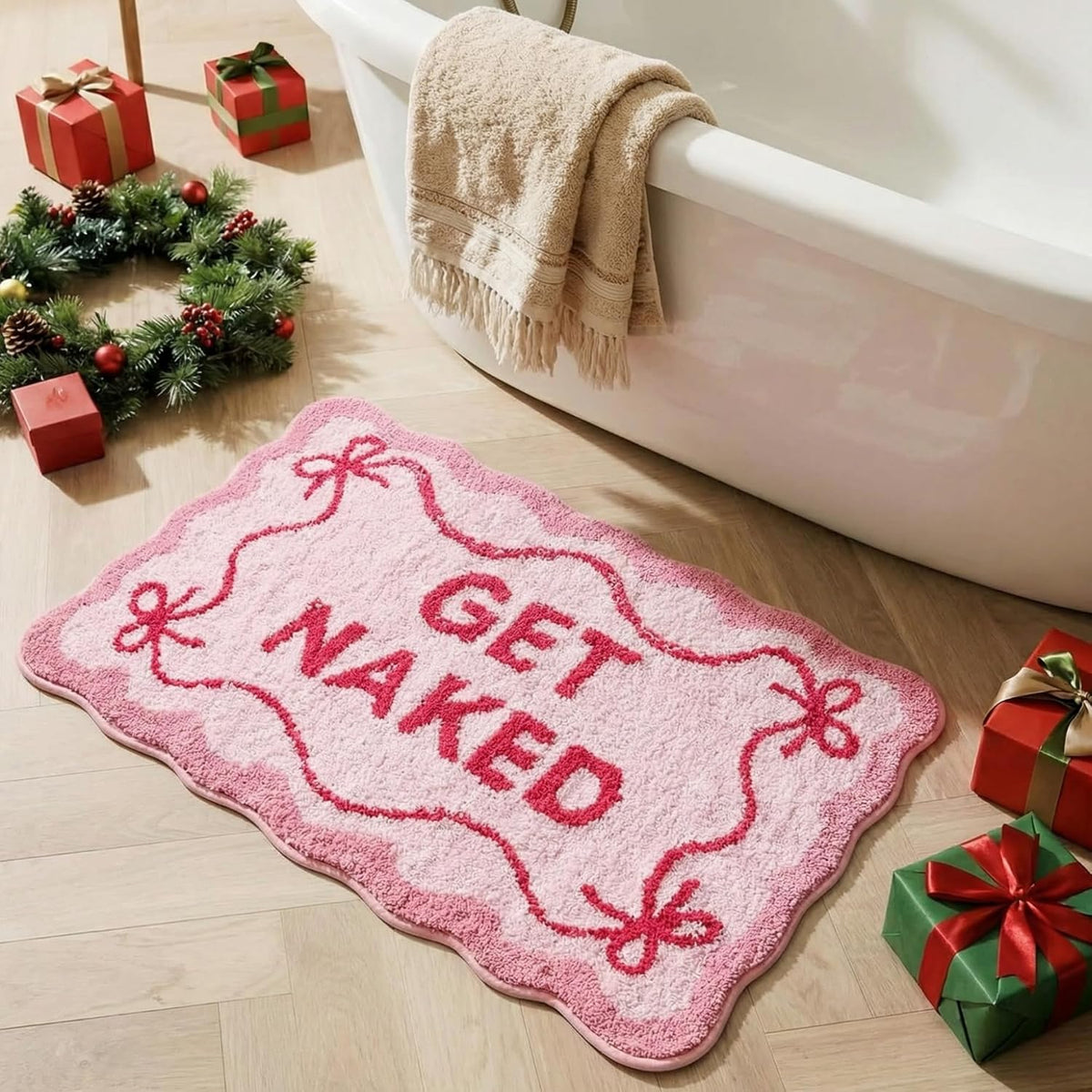 Get Naked Bath Mat Pink Bow Bathroom Rugs Non-Slip 32" x 20"