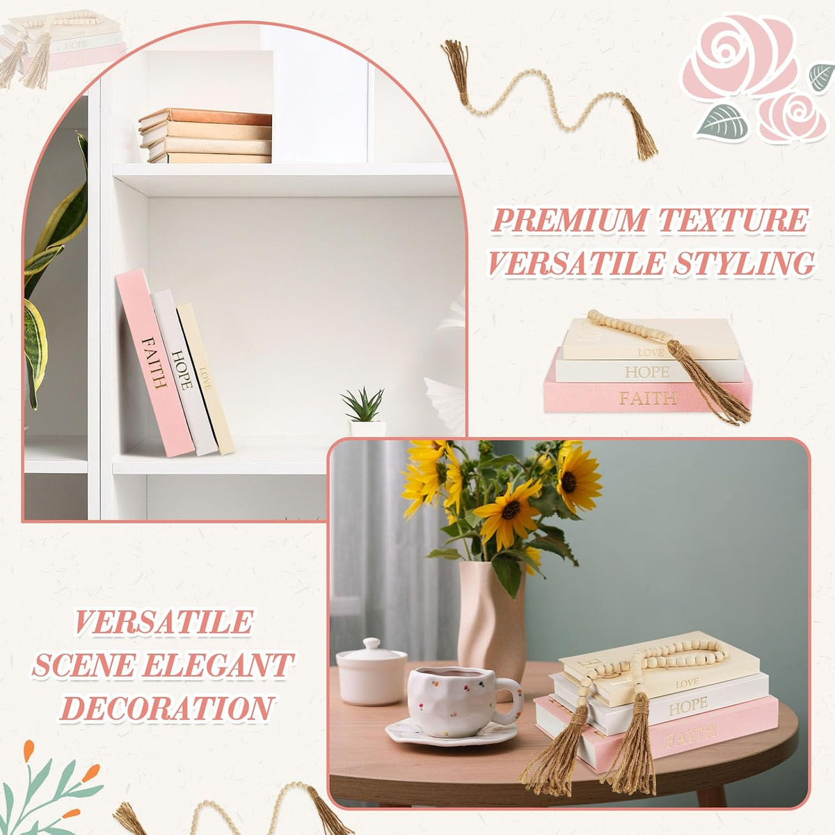 3 Set Linen Decorative Books with Beaded Garland, Classic, Light Pink
