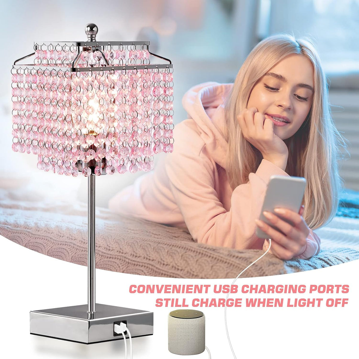 Crystal Touch Table Lamp, Bedside Lamp with USB C+A Ports, Pink Lamp