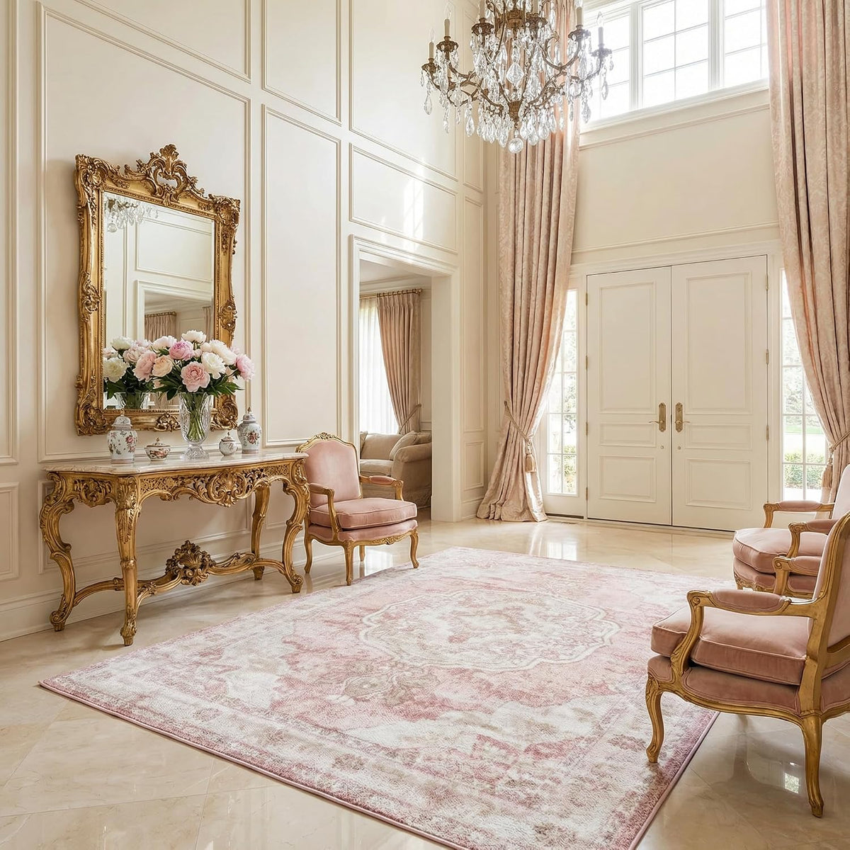 Pink Oriental Traditional Cream 5x7 Area Rug Plum Beige Floral Medallion Kandos Living Room Bedroom Dining Room Home Office Apartment 5'3" x 7' Stain Resistant Non-Shedding Pet Friendly