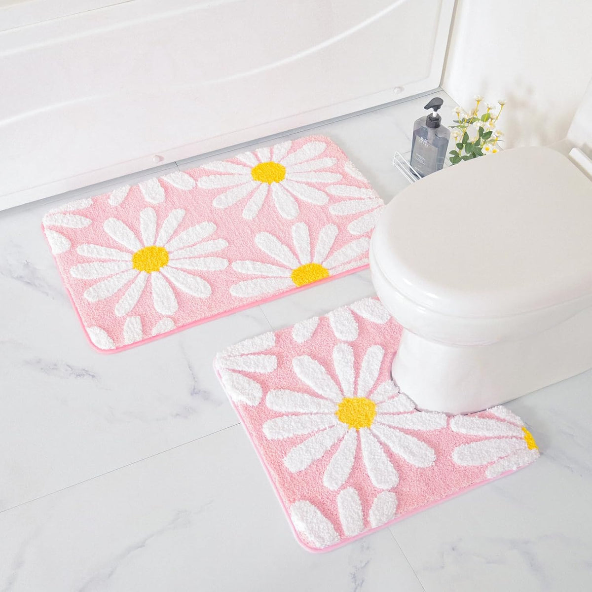 Toilet Rugs U Shaped, Pink Toilet Mat Cute Daisy Contour Bath Rug 20"x20", Extra Thick Soft Machine Washable Toilet Carpet, Non Slip Bathroom Floor Mats Super Absorbent Microfiber Bath Rugs