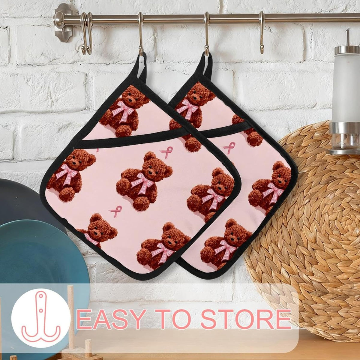 Heat Resistant Pot Holder Set, Cute Bear with Bow on Light Pink Background Hot Pads Potholder for Kitchen, Washable Oven Mitts for Cooking Baking Pans