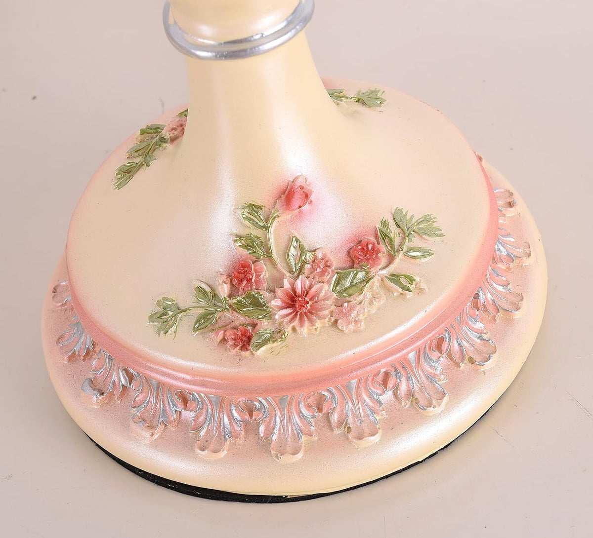 Victorian Style Table Lamp Pink Handmade Princess Lamp Lace Fabric Lampshade, Traditional Resin Flower Carved Base Side Lamp for Living Room Family Bedroom, 13" W, 21.6" H.