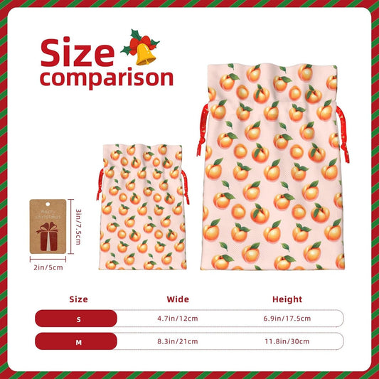 Bright Peach Print Gift Bags, Reusable Drawstring Christmas Gift Bags with Gifts Tag for Birthday Xmas Holiday Party Supplies, Christmas Decorations