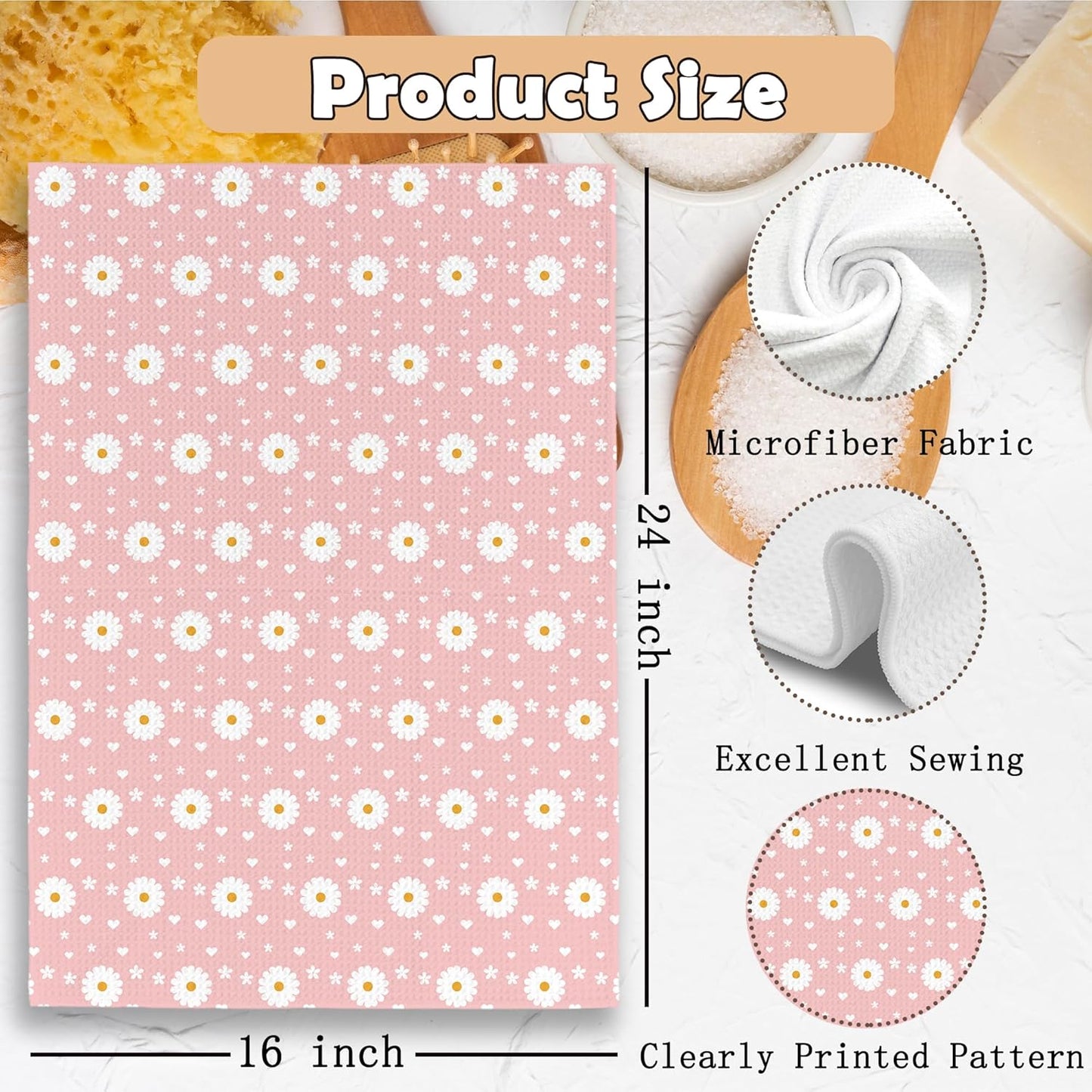 Pink Daisy Kitchen Towels Dish Towel 16x24 Inches, Floral Kitchen Towels, Boho Daisy Flower Spring Floral Decorative Absorbent Dishcloths Tea Towels for Kitchen Bathroom Decor