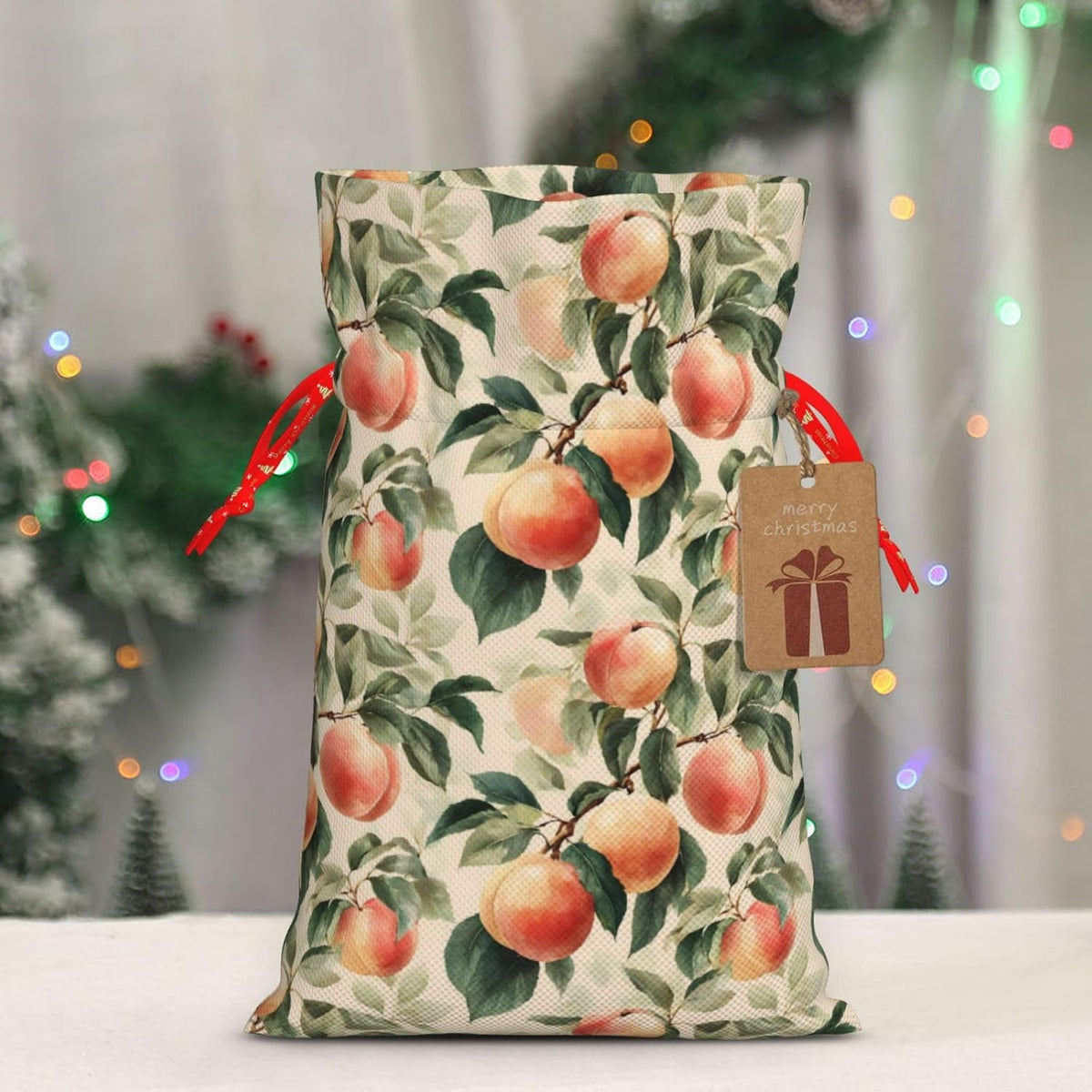 Peach Print Christmas Drawstring Gift Bags, Reusable Candy Treat Bags For Holiday Birthday Party