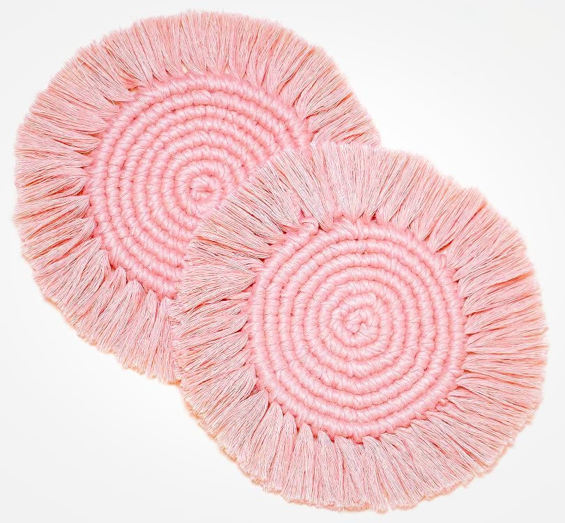 Boho Coasters Set of 2, Cute & Absorbent Drink Coasters for Mugs and Cups, Handmade Woven Macrame Cotton Coaster Pad, Home Decor Table Mat Housewarming Gift (Blush Pink)