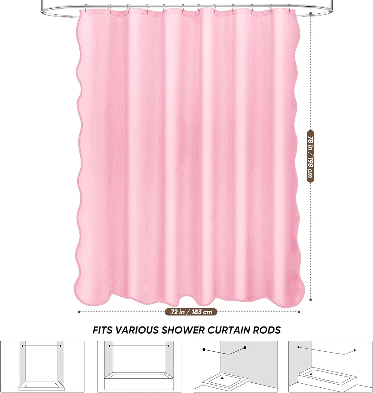 Scalloped Shower Curtain Linen Textured with 12 Metal Hooks Cute Modern Style, Washable Waterproof Cloth Shower Curtains with Pink Border for Bathroom Decor Hotel Bathtub, Pink, 72x72
