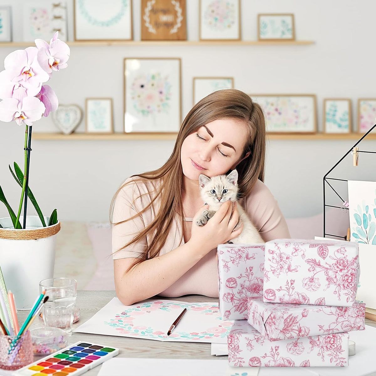 Floral Wrapping Paper Mini Roll 17 In x 32.8 Ft Pink White Flowers Gift Wrap Paper for Birthday Wedding Baby Shower Party Wrapping Supplies