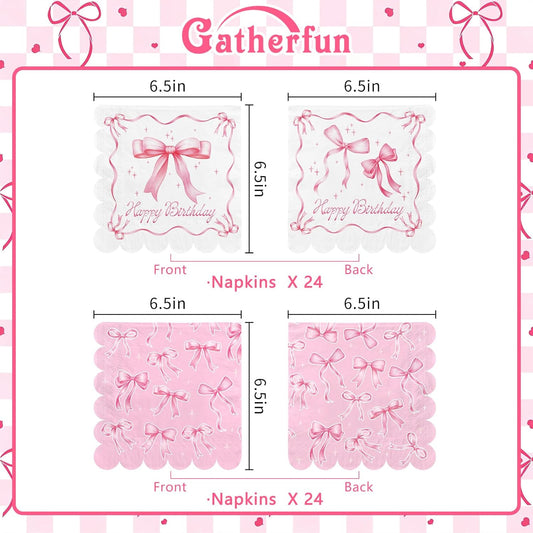 Pink Bow-Themed Party Supplies Set for Women: Includes Happy Birthday & Bachelorette Disposable Napkin(6.5x6.5 in, Disposable, 48-Pack) for Birthday & Tea Party Decorations