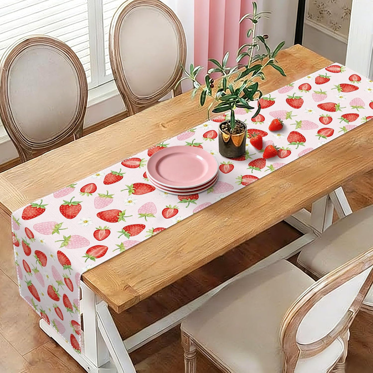 Strawberry Table Runner 72x13 Inch, Cute Fruit Cottagecore Decor