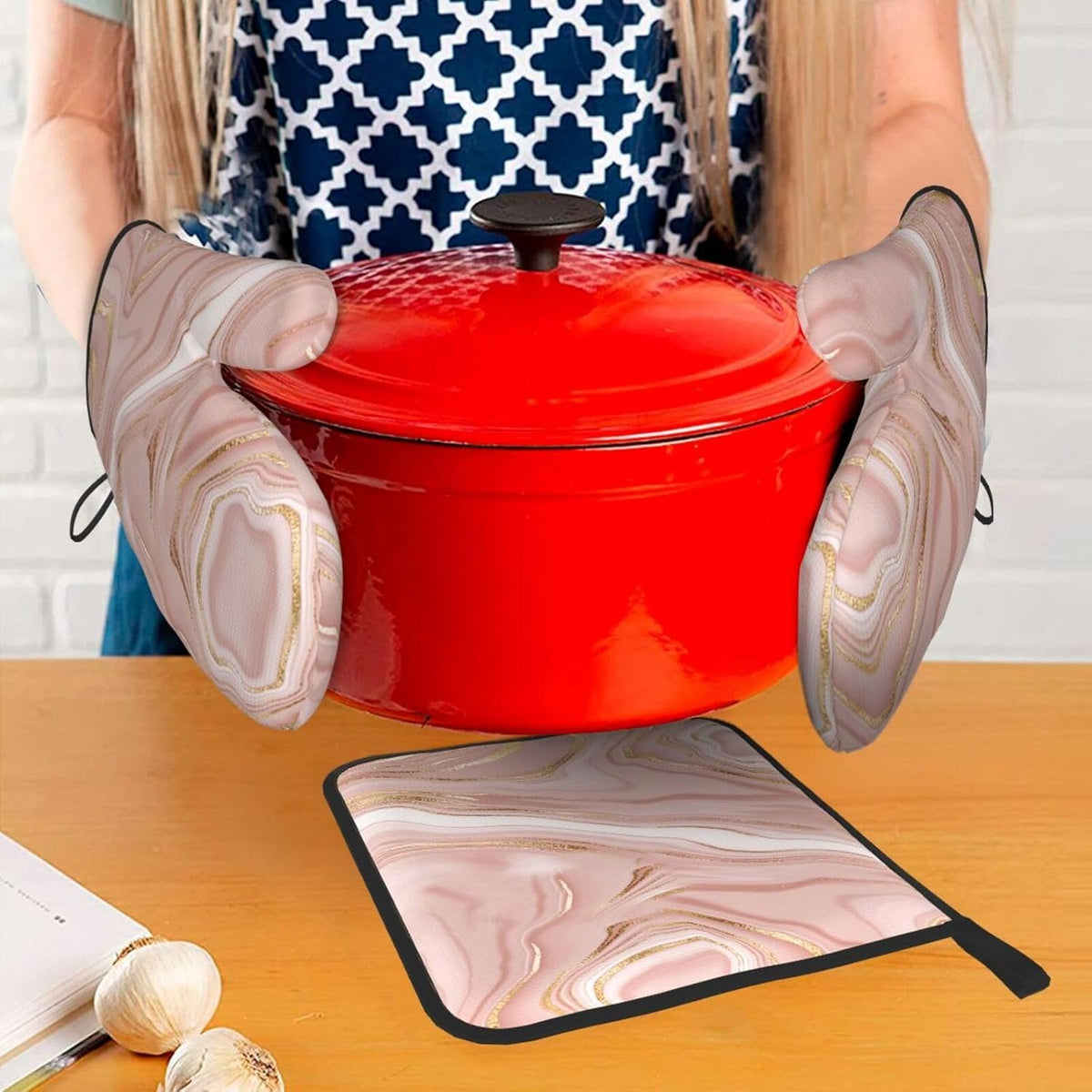 Pink Golden Marble Oven Mitts and Pot Holders Sets of 3