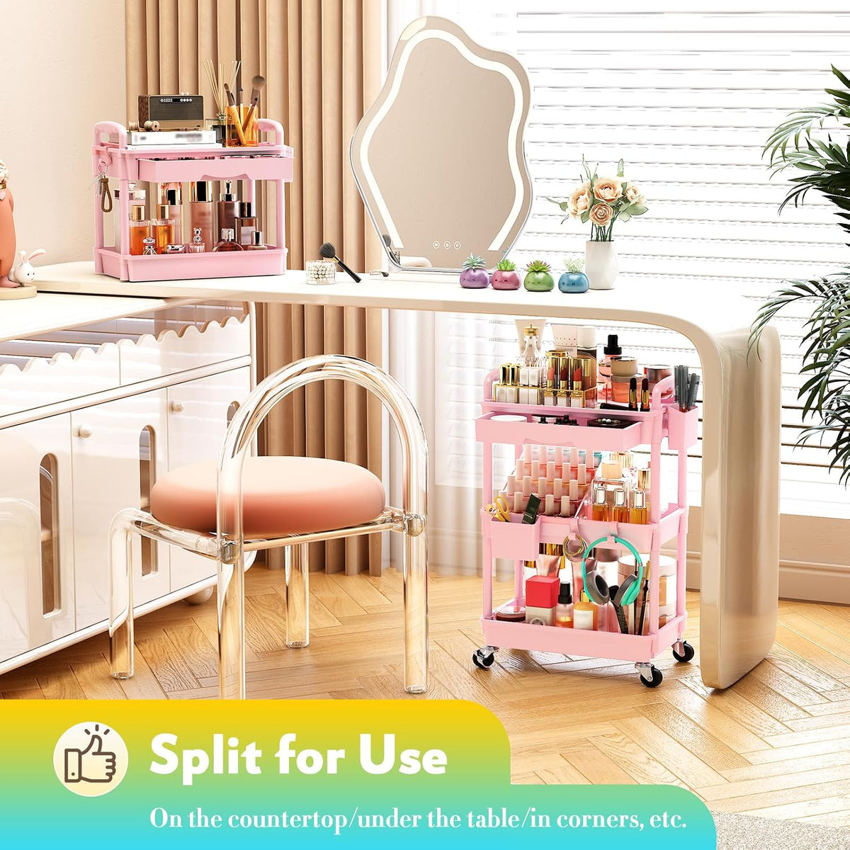 Makeup Cart Organizer with Drawer, 3 Tier Rolling Makeup Cart, Pink