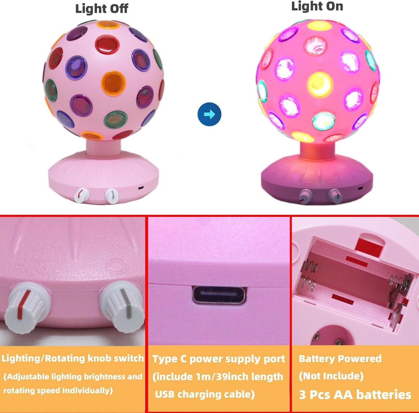 Spinning Disco Ball LED Night Light Projector 360° Rotary Speed/Brightness Adjustable Lamp for Parties, Lighting, Halloween, Christmas, Birthday, Holiday, Club, Bar (USB/Battery Operation) (Pink)