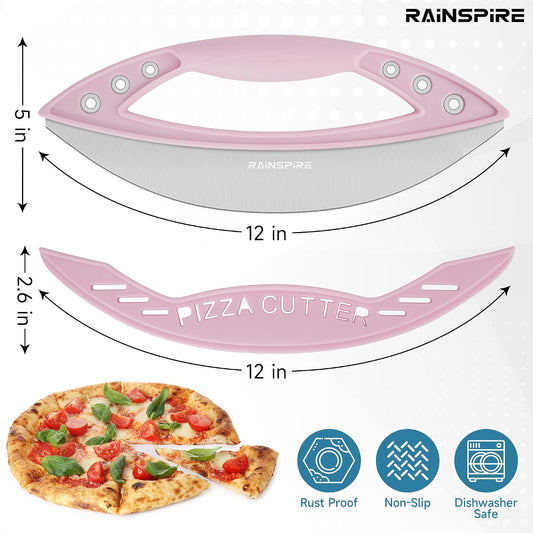 12" Pizza Cutter Rocker Blade Stainless Steel Pizza Rocker with Cover Sharp Blade Pizza Knife Dishwasher Safe Kitchen Gadgets Home Essentials, Pink