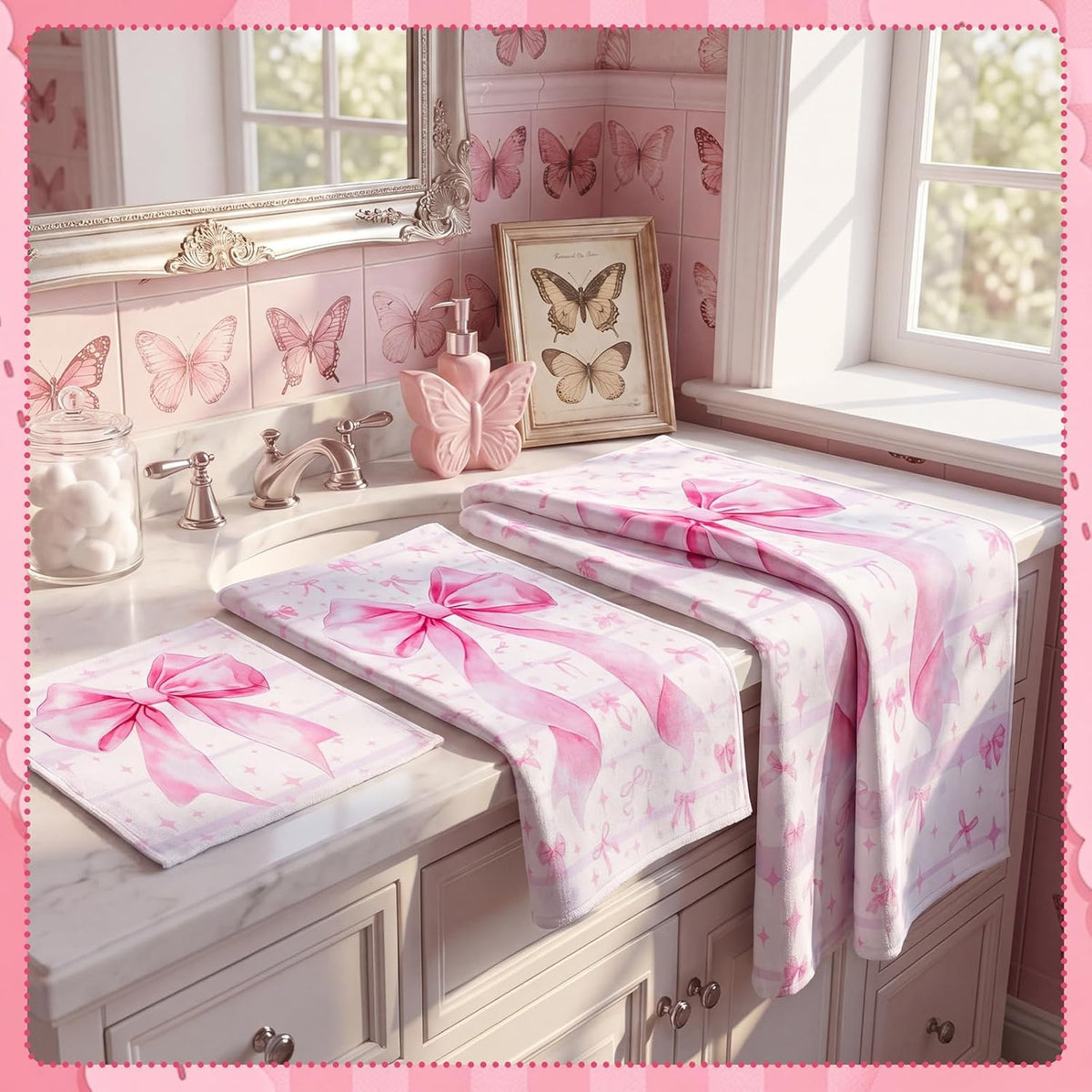 Set of 3 Pink Bow Bath Towels, Decorative Towels for Bathroom