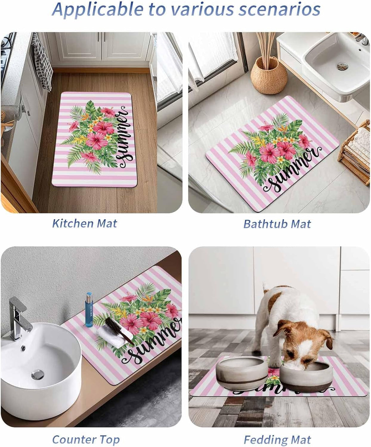 Bath Mat Absorbent Bathroom Rug,Summer Tropical Plants Flowers Non Slip Quick Dry Bath Rugs Diatomite Stone Shower Mat,Pink Floral Striped Washable Doormat Kitchen Mats