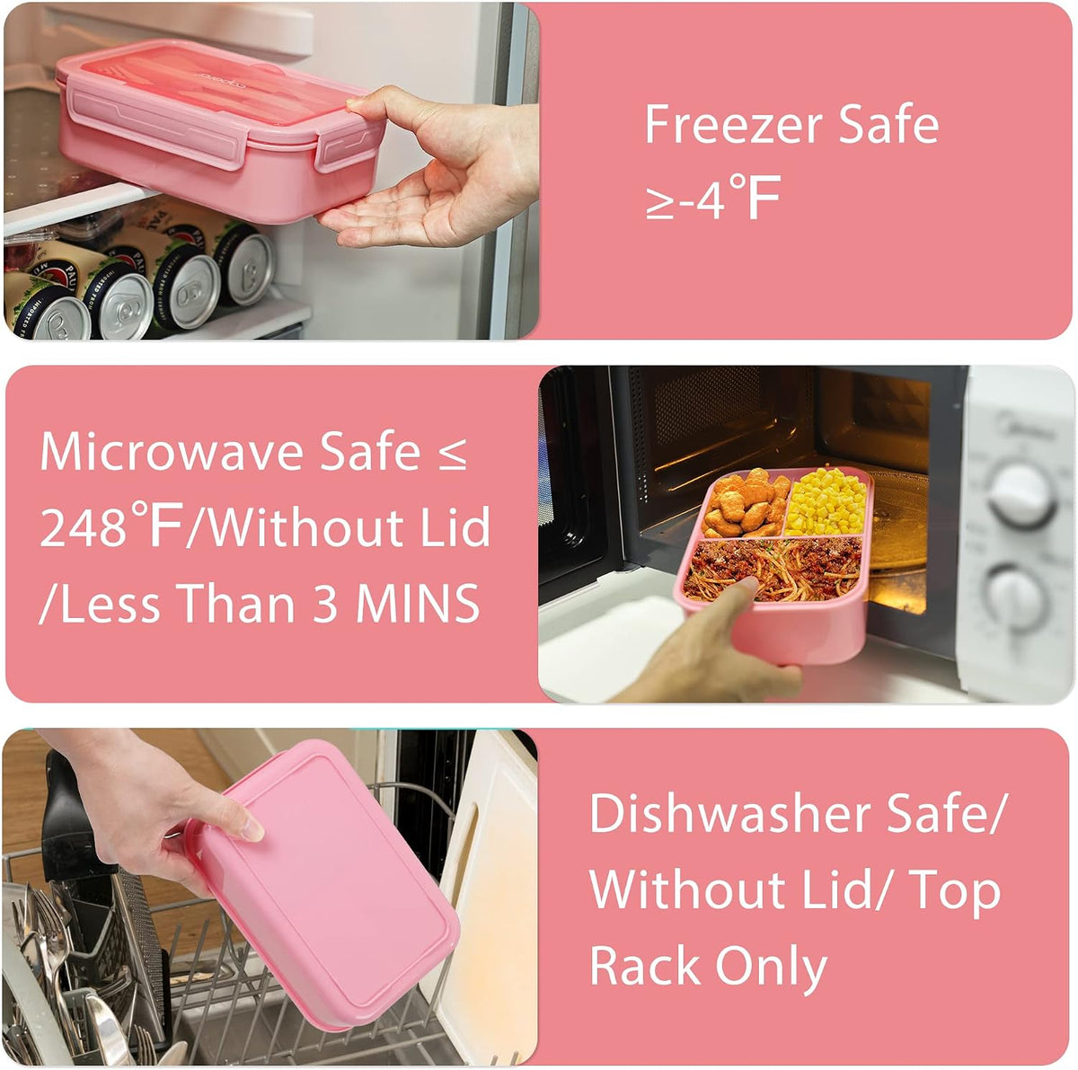Classic Bento Box Adult Lunch Box for Older Kids - Leakpoof 47 oz 3-Compartment Lunch Containers for Adults and Teens, Built-in Utensil Set, Ideal for On-the-Go Balanced Eating, Pink
