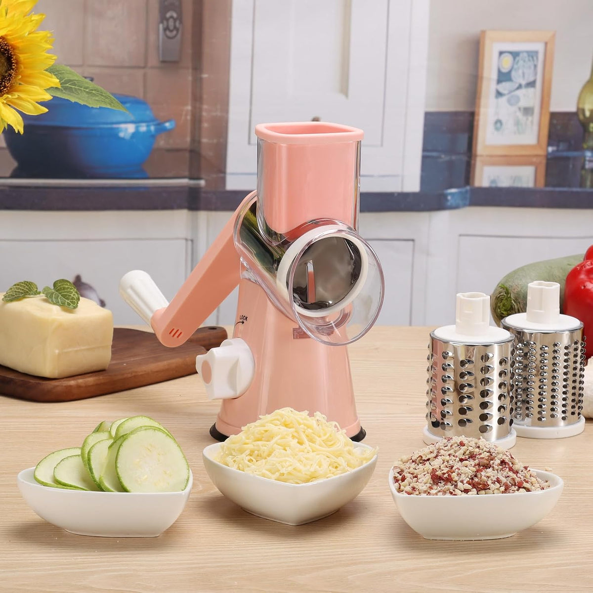 Rotary Cheese Grater Hand Crank Cheese Shredder for Fresh Cheese, Vegetable, Nuts,Non-slip Suction Base,Three Blades,Pink