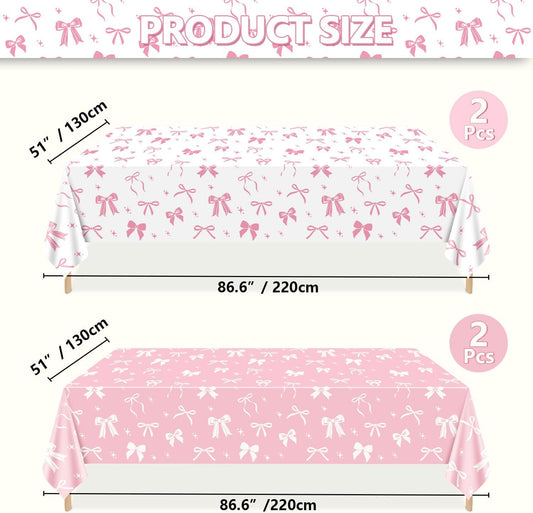 4 Pcs Pink Bow Table Cloths, 51 x 86 '' White and Pink Bow Birthday Decorations for Coquette Birthday Decorations Baby Shower Party Supplies