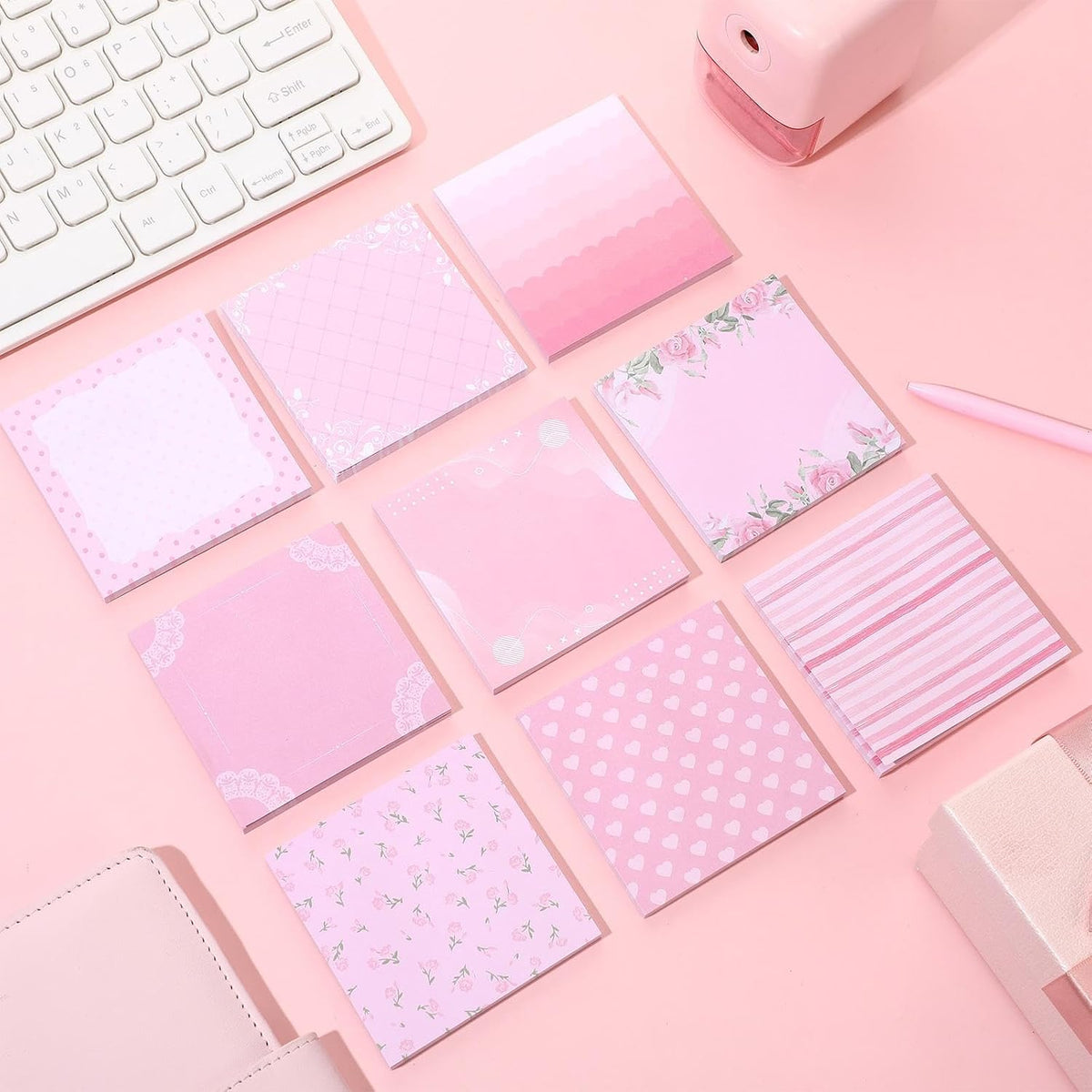 9 Pads Aesthetic Pink Sticky Notes, 3 x 3 Inch Pastel Notepads