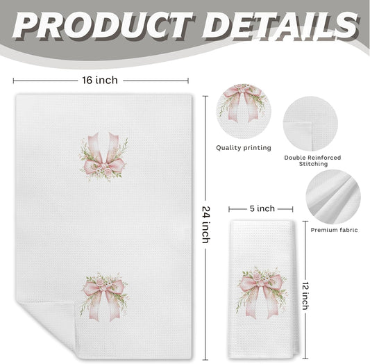 Coquette Pink Bow Floral Kitchen Towels, Watercolor Wedding Flower Dish Tea Towels for Kitchen Decor, Pastel Cottagecore Floral Hand Towels for Bathroom Decor, 16x24 Inch