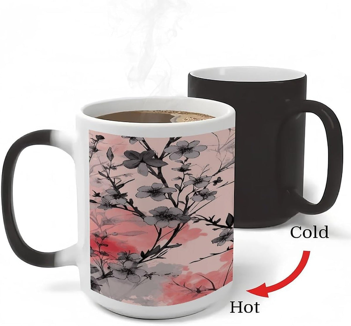 Flowers on Peach Background Color Changing Mugs Heat Sensitive Coffee Mug 11 Oz Novelty Ceramic Cup with Handle Magic Cups Temperature Changing Coffee Tumblers for Women Men Funny Gifts