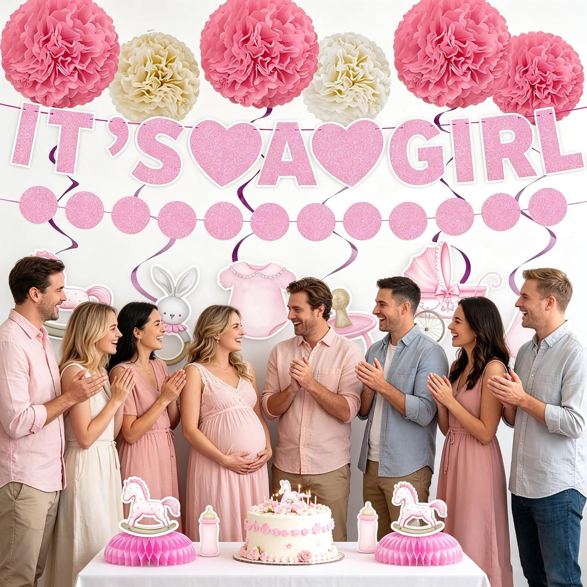 20PCS Baby Shower Decorations for Girl, Pink Rose Gold Floral It's a Girl Banner Set with Hanging Swirls Honeycomb Centerpieces Paper Flower Balls, Circle Dot Garland Party Supplies