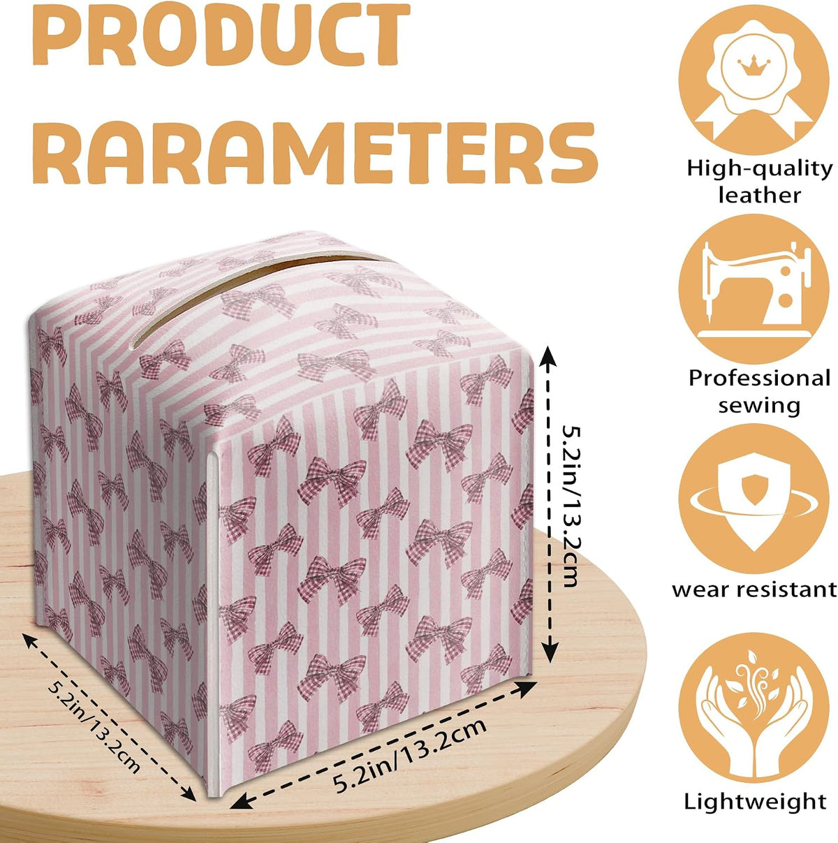 Pink Bow Tissue Box Holder, Pink Stripe Leather Tissue Box Cover Square with Bottom Belt, Facial Paper Organizer Dispenser Toilet Paper Holder for Bathroom Kitchen Office Home Decor-A24
