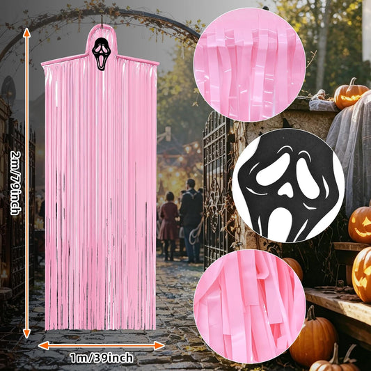 Halloween Pink Ghost Hanging Decorations โ DIY Pink Ghost Streamer Hanging Decor with Interchangeable Horror Faces for Indoor Outdoor Halloween Party Decorations