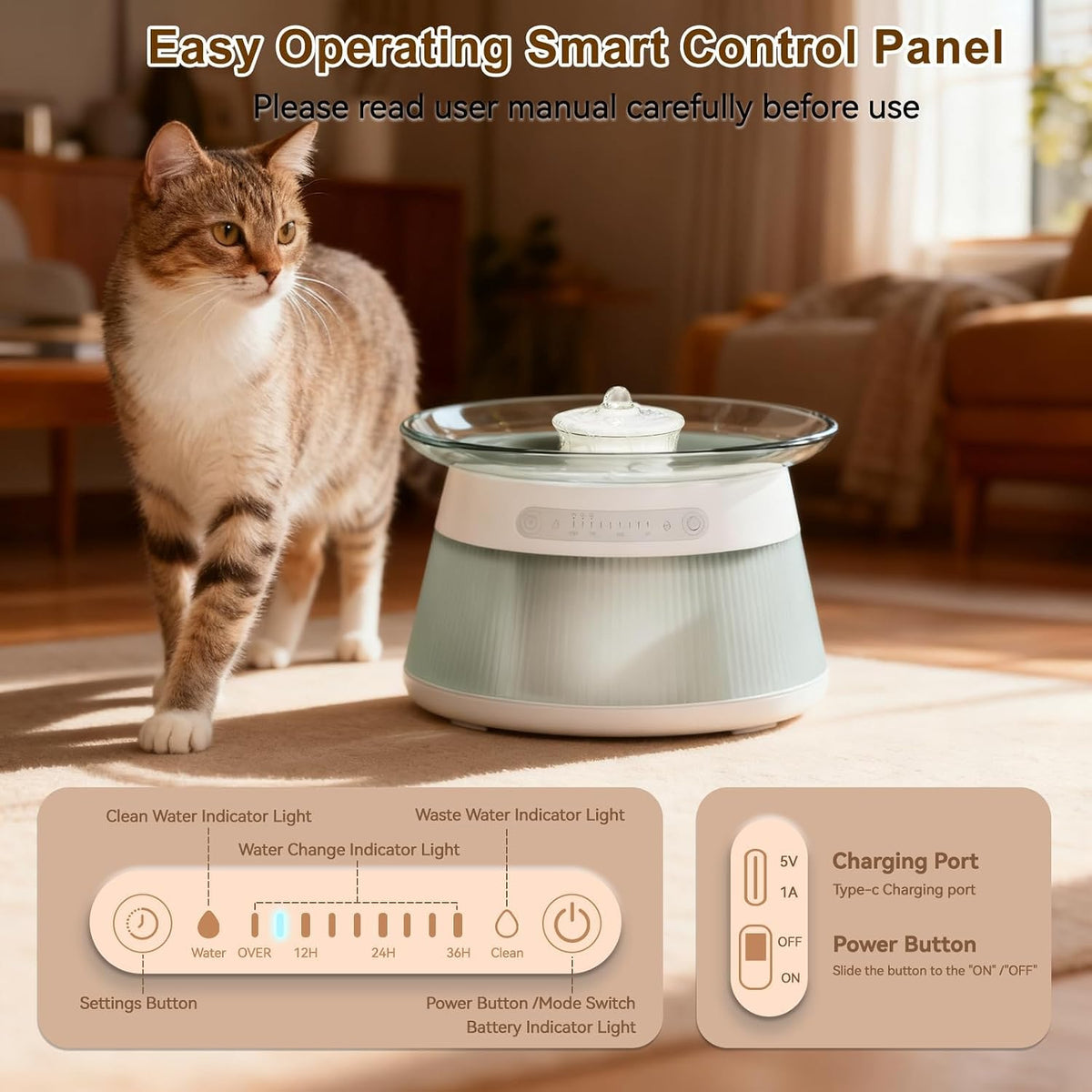 Glass Smart Pet Water Fountain,Cat Drinking Water Fountain Bowl No Filter,Battery Operated Filterless Pet Water Fountain