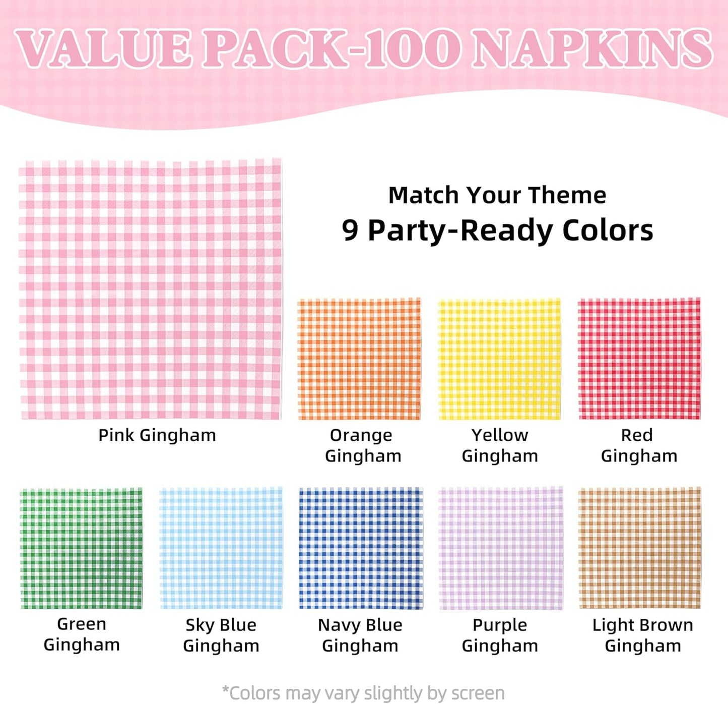 Vyntra 100 Count Gingham Disposable Paper Napkins, Checkered Party Napkins (Pink Gingham-100, 100 Pcs)
