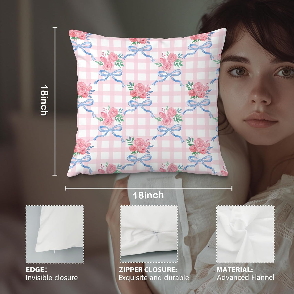 Coquette Blue & Pink Rose Floral Bow Pillow Covers - 18x18, Girly Bedroom Decor, Preppy Room Decor, Coquette Stuff