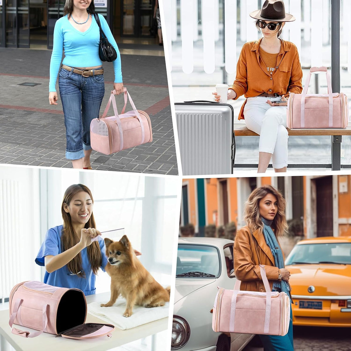 Lasaviin Fashion Leather Dog Carrier Cat Carrier Airline Approved Pet Carrier for Small Medium Dogs Cats Under 15Lbs, Collapsible Soft Sided Travel Puppy Carrier Pink