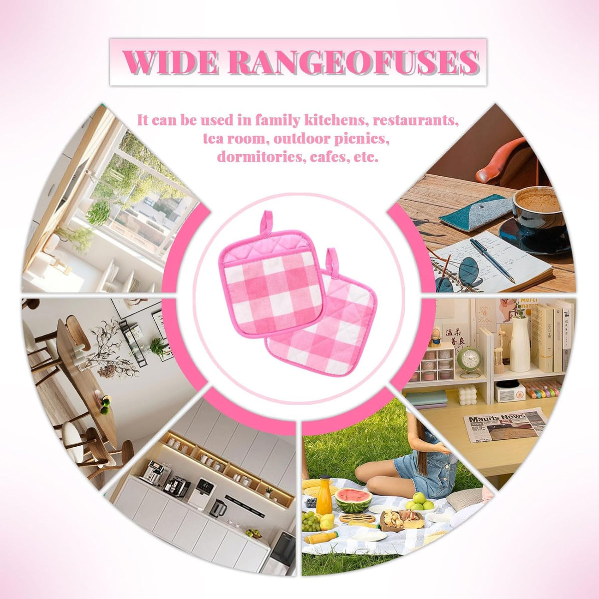 4 Pieces Checked Pot Holders Set, Heat Resistant Oven Mitts Pads with Pocket, Non-Slip Potholders for Kitchens Clearance Backing Cooking Countertop Decor Accessories (White, Pink)