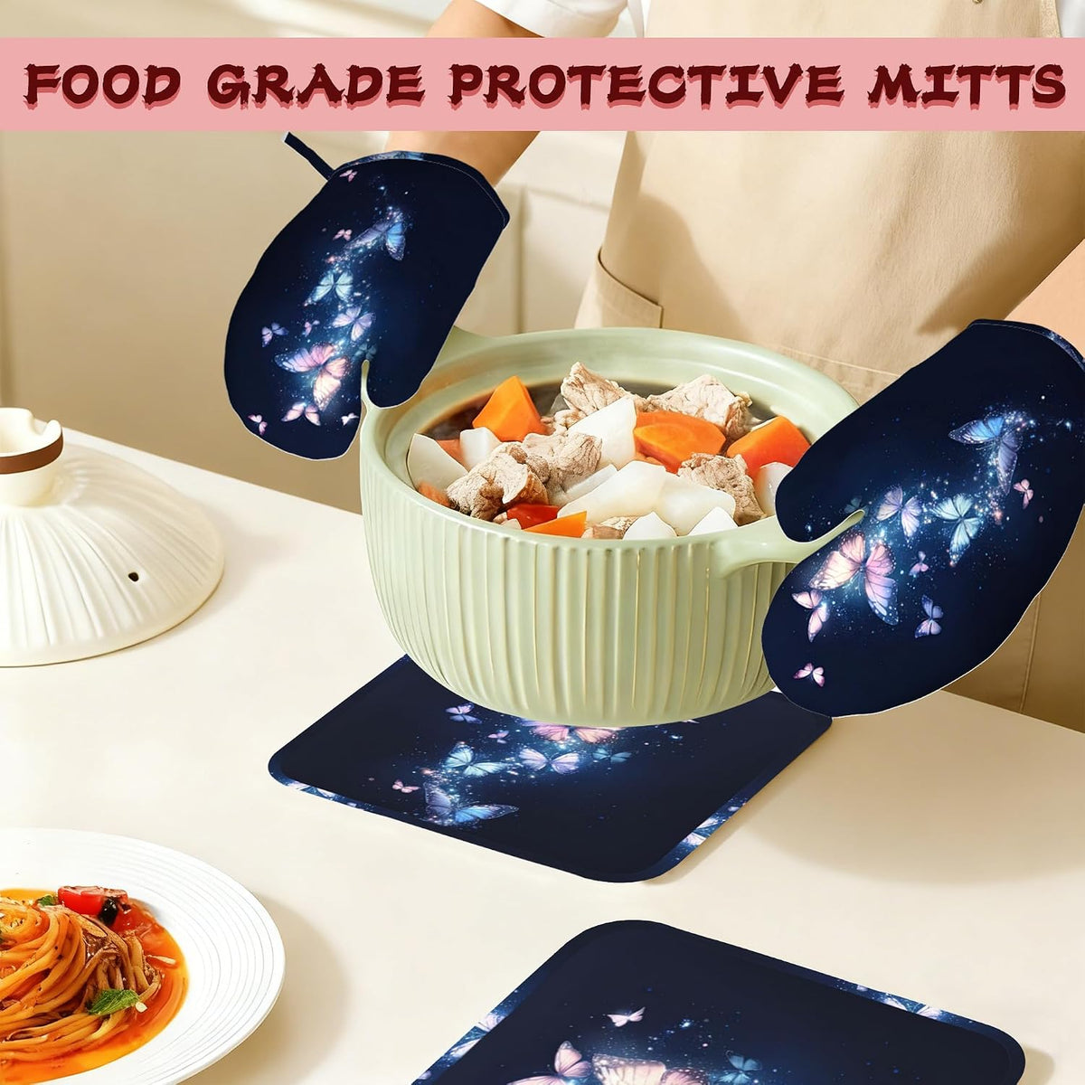 Glowing Butterfly Heat-Resistant Silicone Oven Mitts and Pot Holders,Blue Pink Long Oven Gloves with Non-Slip Grip for Cooking, Baking, Grilling,BBQ