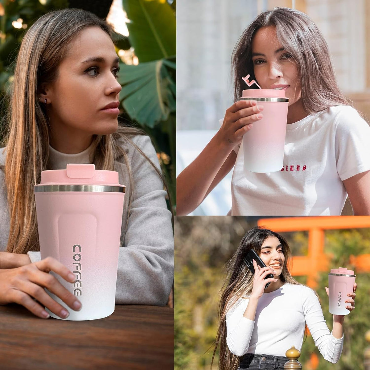 Travel Coffee Mug Leak-Proof, Reusable Coffee Cups with Lids, Stainless Steel Vacuum Insulated Coffee Tumblers, Thermal Insulation Cup for Men and Women Hot & Cold Drinks(2nd-Pink White, 12OZ)