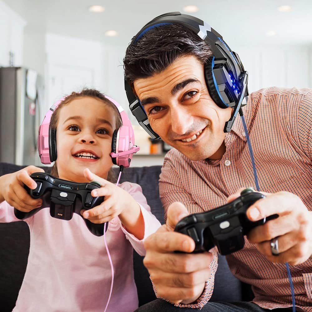 G9000 Professional Gaming Headset for PS4, PC, Xbox One Controller, Noise Cancelling Over Ear Headphones with Mic, LED Light, Bass Surround, Soft Memory Earmuffs for Laptop - Pink