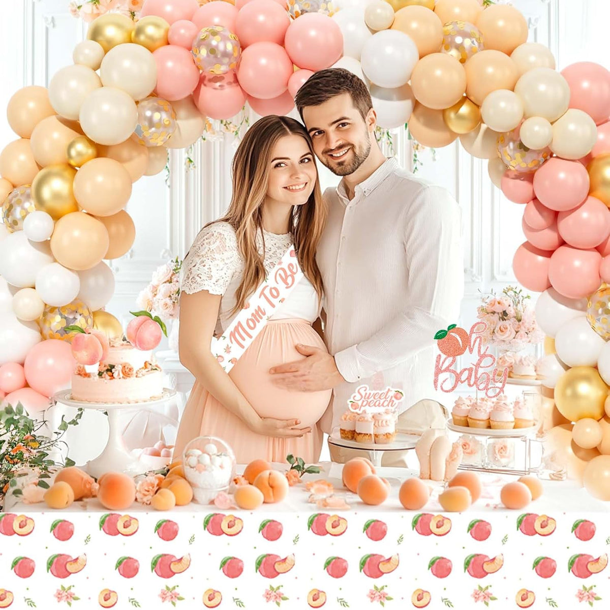 Peach Baby Shower Decorations, A Sweet Little Peach Is on The Way Baby Shower Decorations, Peach Themed Backdrop Balloon Tablecloth Cake Topper Sash for Sweet as a Peach Girls Party