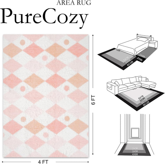 Pink 4x6 Area Rug for Kids Room Soft Fluffy Checkered Shag Carpet