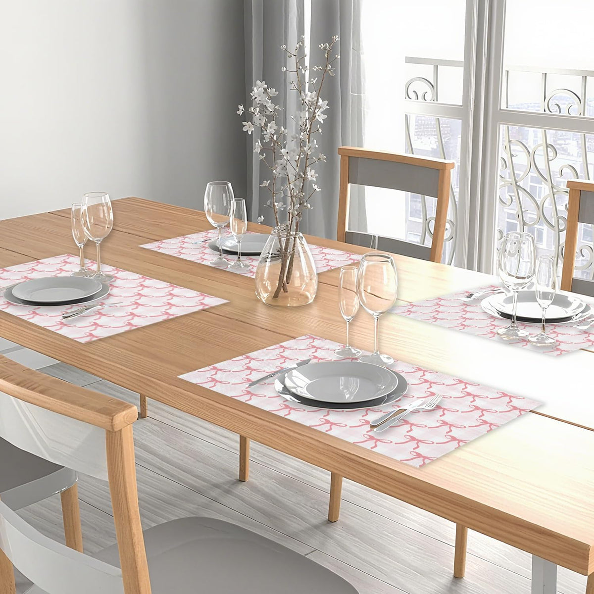 Pink Plaid Bow Placemats Set of 4, Washable Heat Resistant Placemats Kitchen Table Mats,12x18 Inch Place Mats for Home Restaurant Farmhouse, Indoor Outdoor Party Table Decoration -A05