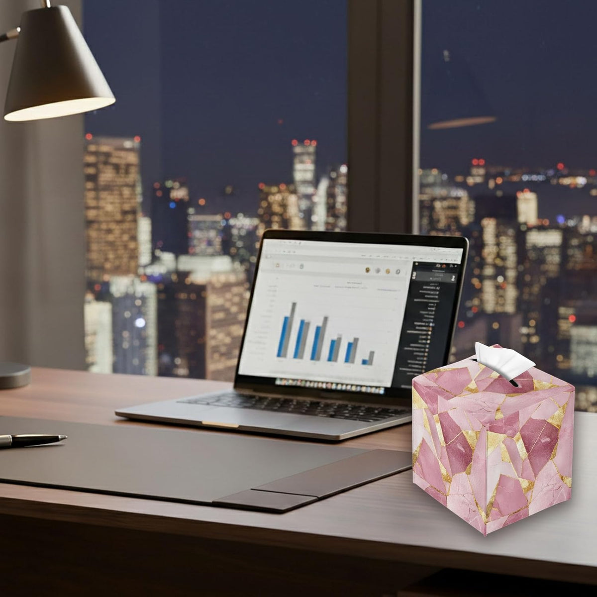 Tissue Box Cover Square, PU Leather Tissue Box Holder for Bathroom, Living Room & Office Desk, Pink Marble with Gold Foil Inlay, Decorative Modern Tissue Box Cover
